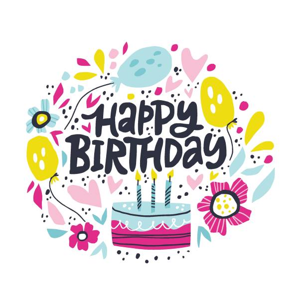 Happy Birthday lettering in hand drawn frame Happy Birthday lettering in hand drawn frame. Congratulations and wishes in balloons, flowers vector border. B-day cake with candles clipart. Five years anniversary celebration greeting card template happy birthday wishes with flowers drawings stock illustrations