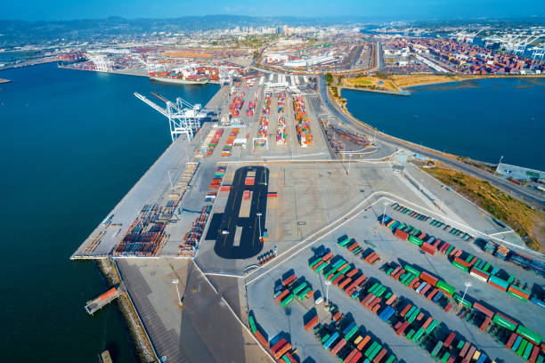 istock Oakland Harbor port terminal with shipping containers 1172073099
