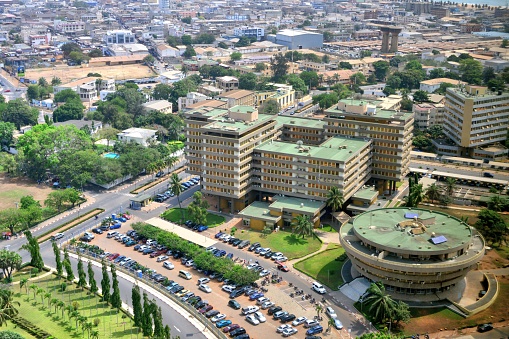 Lomé, Togo: Government office - bureaucratic services complex - seen from above, with its saucer shaped annex - CASEF - Centre Administratif et des Services Economiques et Financiers, Quartier Administratif