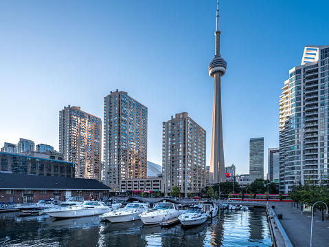 The CN Tower appears between the high buildings in a cloudy morning. Shot from David Pecaut Square in Toronto