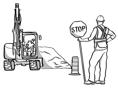 Construction creating delays on the road.  A worker is holding a stop sign to control traffic.  Sketch illustration