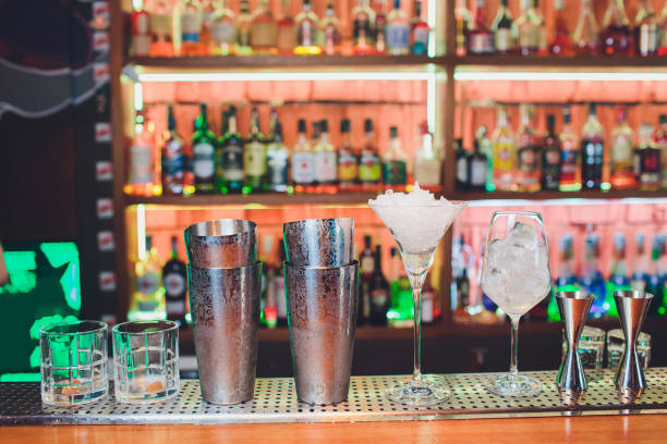 istock Cocktail and cocktail accessories are on the bar in the restaurant. Art bartender. Space for text. 1172084792