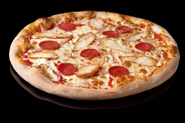istock Pizza with mozzarella cheese, chicken, pepperoni restaurant menu, isolated black background. 1172084972
