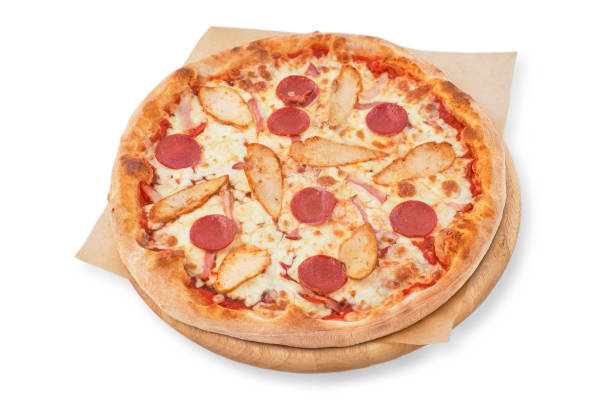 istock Pizza with mozzarella cheese, chicken, pepperoni restaurant menu, isolated white background. 1172084975