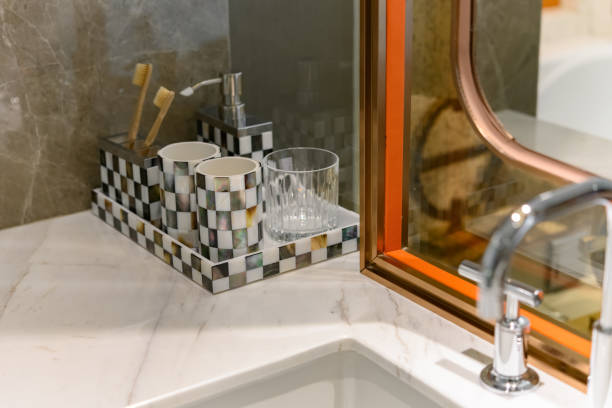 istock Modern bathroom with white washbasin with chrome faucet 1172085252