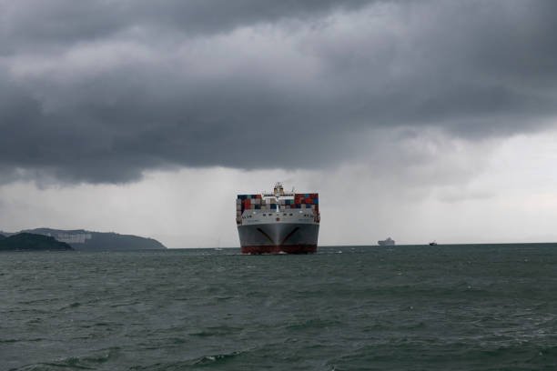Front view of the container ship OOCL Atlanta sailing into Hong Kong. (September 1, 2019)