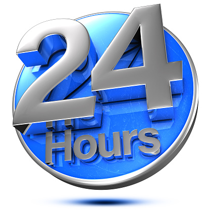 24 Hours 3d rendering on the blue circle behind the white background.