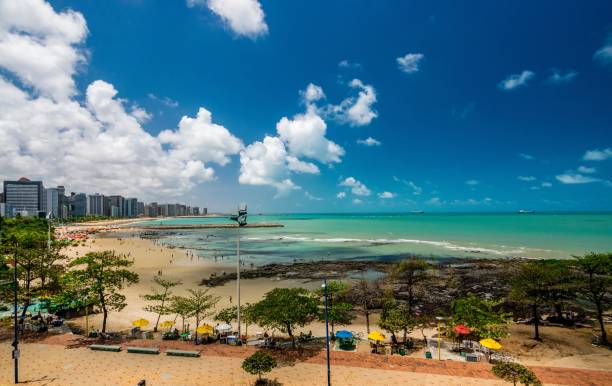 orla de fortaleza, ceará, brazil. imagem da praia de iracema e o belo mar do oceano atlântico. - tree large group of people sand sunbathing - fotografias e filmes do acervo