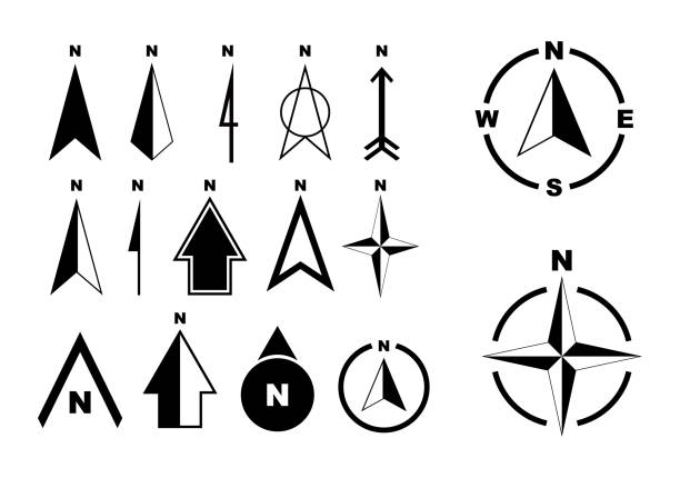 illustrazioni stock, clip art, cartoni animati e icone di tendenza di insieme di concetto di bussola o freccia nord. - compass east white vector