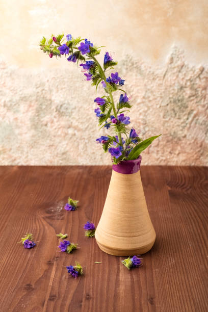istock Blue flowers in a vase on a wooden table. Copy space 1172106293