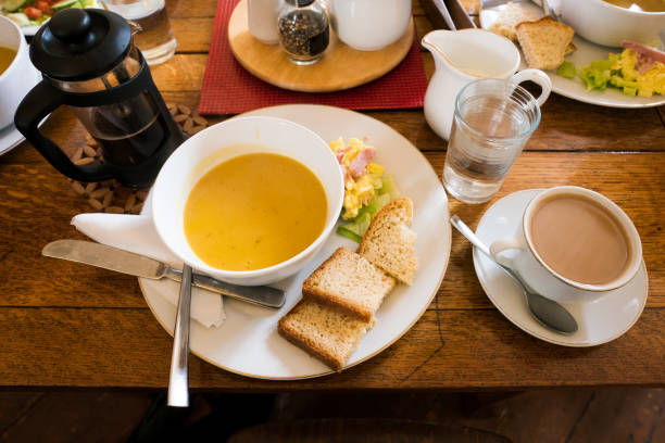 Butternut squash soup and egg salad with homemade bread, Loch Croistean cafe,  Isle of Lewis, Outer Hebrides, Scotland, UK, Europe