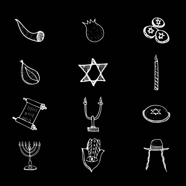istock Purim set doodle hand, great design for any purposes. Isolated illustration on black background. Hanukkah doodle set. Fun holiday background. Hanukkah doughnut , jewish holiday symbol. Hand drawing. 1172109920