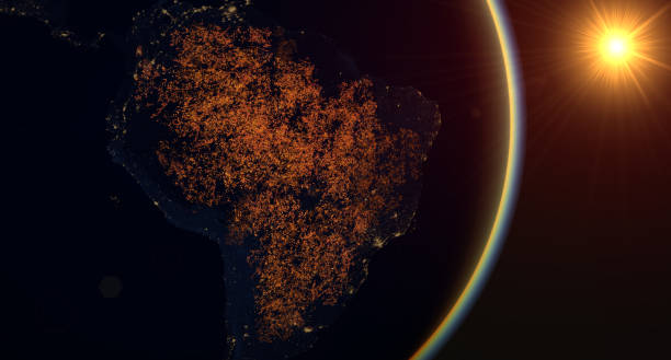 Fires in the Amazon rainforest, visible night fires over South America
