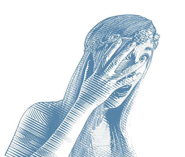 ilustrações de stock, clip art, desenhos animados e ícones de young woman peeking through fingers with shocked expression - white background distraught worried close up