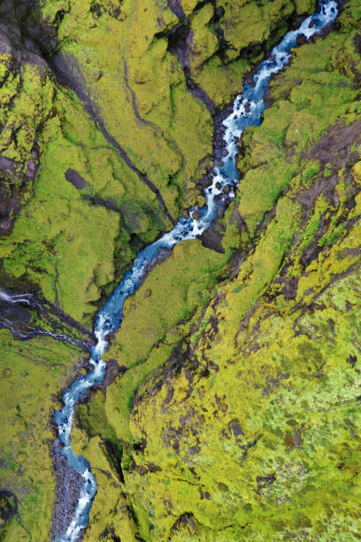 istock Aerial View Looking Down on Blue Stream Winding Through Green Hilled Ravine 1172115775