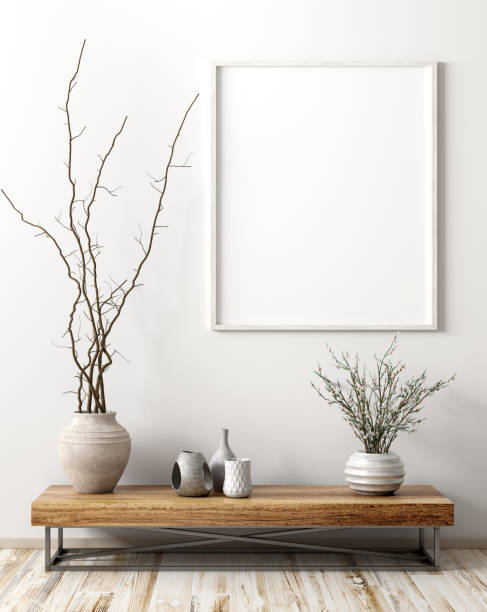 istock Interior with wooden side table and mock up poster 3d rendering 1172118788