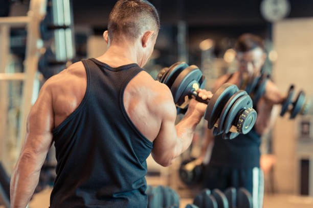 homem maduro que faz o treinamento na ginástica pessoal do treinamento - weight training body building men human muscle - fotografias e filmes do acervo