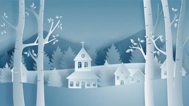 Vector illustration of Merry Christmas and happy new year with Landscape of village in winter field in paper cut style. Vector illustration design for backdrop,wallpaper, poster, banner.
