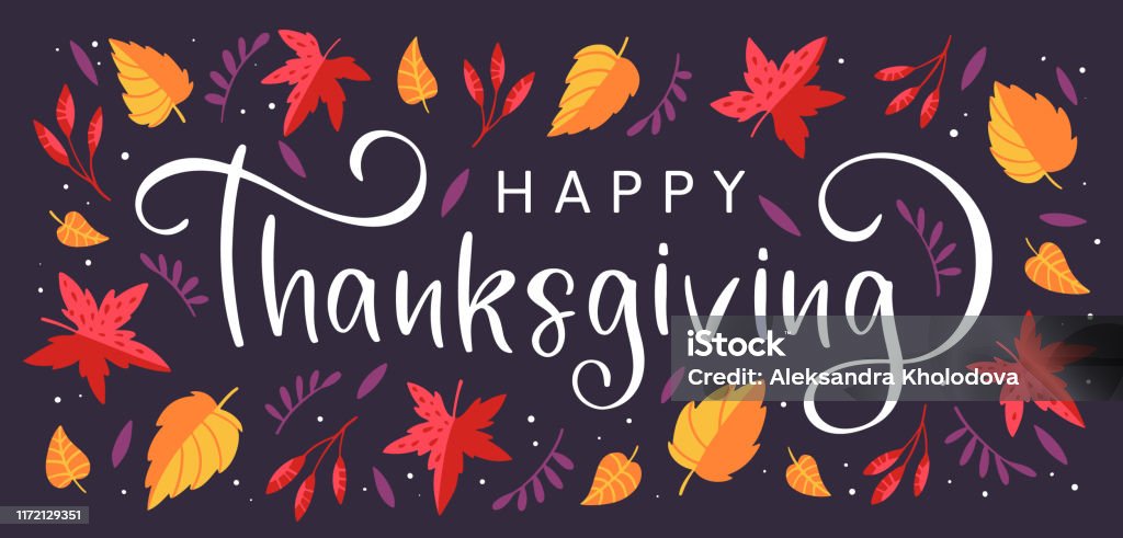 Fondo con coloridas hojas de otoño y letras dibujadas a mano Feliz Día de Acción de Gracias - arte vectorial de Día de Acción de Gracias libre de derechos