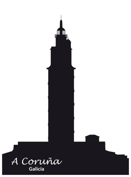 black and white silhouette Tower of Hercules in A Coruna Galicia Spain black and white silhouette Tower of Hercules in A Coruna Galicia Spain a coruna province stock illustrations