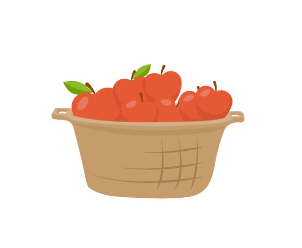 ilustrações, clipart, desenhos animados e ícones de cesta das maçãs único estilo dos desenhos animados do ícone do vetor - basket apple wicker fruit