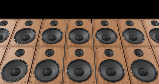 istock Vintage Cabinet Speakers Playing Music On Stage. 3D Illustration Render 1172136922