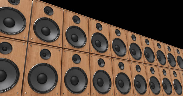 istock Vintage Cabinet Speakers Playing Music On Stage. 3D Illustration Render 1172136923