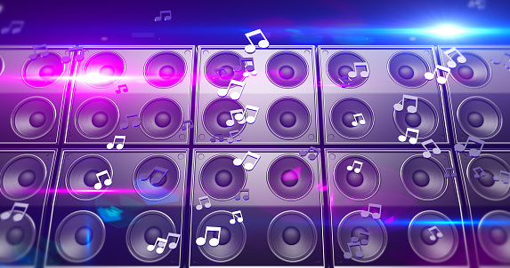 Modern Guitar Speakers Playing Music On Stage. Musical Notes Flying Around. Music And Entertainment Related 3D Illustration Render
