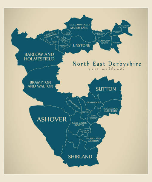 ilustrações de stock, clip art, desenhos animados e ícones de wards map of north east derbyshire district in east midlands england uk with labels - borough of north east