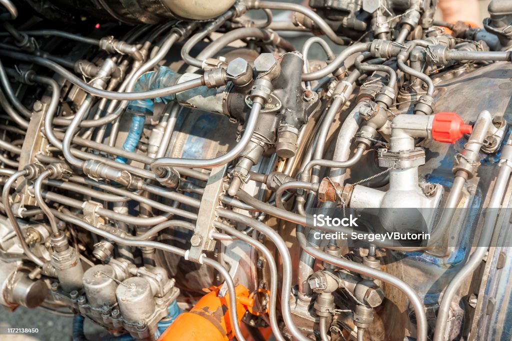 Helicopter engine. Close-up view Fragment of the engine helicopter, detailed exposure Air Force Stock Photo