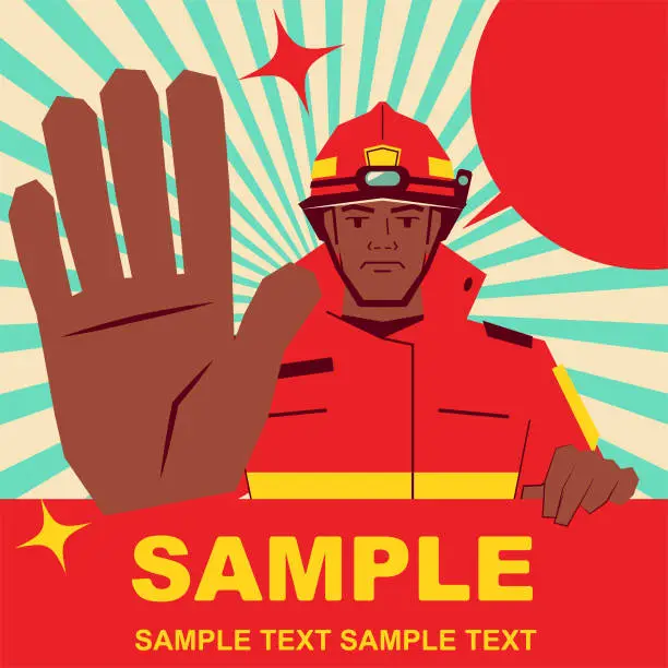 Vector illustration of African ethnicity firefighter holding blank sign and showing stop gesture with big palm of hand