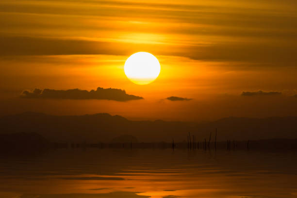 Big sun and Sunset sky at the lake.