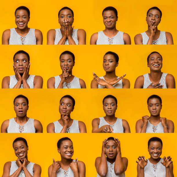 Collage of young black woman expressions and emotions Collage of young african american woman portraits with different emotions and gestures, human mood swings facial expression stock pictures, royalty-free photos & images