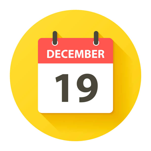 19 декабря - круглый ежедневный календарь значок в стиле плоского дизайна - isolated isolated on yellow yellow background single object stock illustrations
