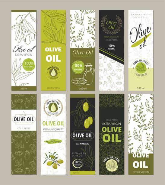 ilustraciones, imágenes clip art, dibujos animados e iconos de stock de conjunto de plantillas de embalaje para botellas de aceite de oliva. - healthy eating backgrounds freshness luxury