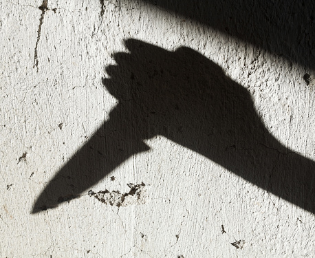 Shadow of the hand holding a big sharp knife. Murderer, killer or robber with a knife. Criminal. Crime. Horror scene.
