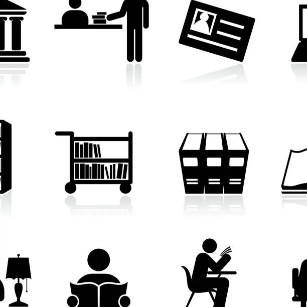 Vector illustration of Library school and education black and white vector icon set