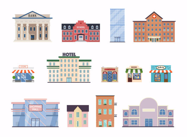 ilustraciones, imágenes clip art, dibujos animados e iconos de stock de edificios de ciudad planos. escuela, banco, tienda, centro de oficinas contemporáneo, fachada de hospital y edificio del ayuntamiento. - local bank