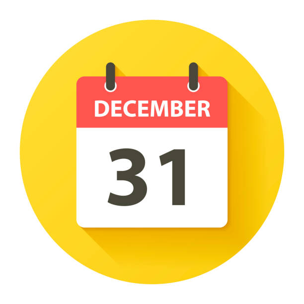 December 31 - Round Daily Calendar Icon in flat design style December 31. Round calendar Icon with long shadow in a Flat Design style. Daily calendar isolated on a yellow circle. Vector Illustration (EPS10, well layered and grouped). Easy to edit, manipulate, resize or colorize. december 31 stock illustrations