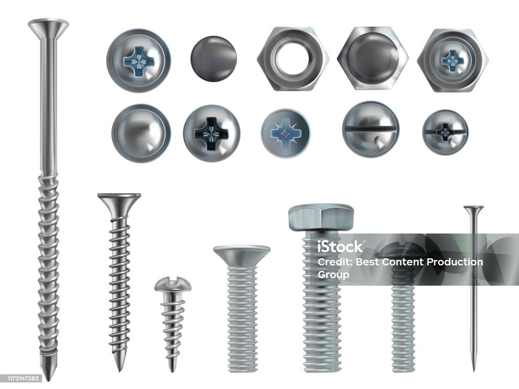 Vektor 3D realistische Stahlschrauben, Nägel, Schrauben - Lizenzfrei Schraube Vektorgrafik