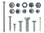 Vector 3d realistic steel bolts, nails, screws