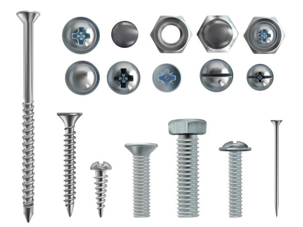 Vector 3d realistic steel bolts, nails, screws Vector 3d realistic illustration of stainless steel bolts, nails and screws on white background. Top and side view of industrial chrome hardware, different heads with nuts and washers screw stock illustrations