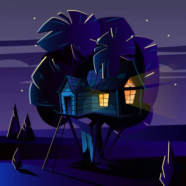 Vector illustration of Vector cartoon tree house at night, evening