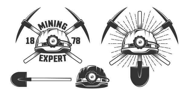 Mining vintage emblem Mining vintage emblem - helmet and crossed picks. Vector illustration. pick axe stock illustrations