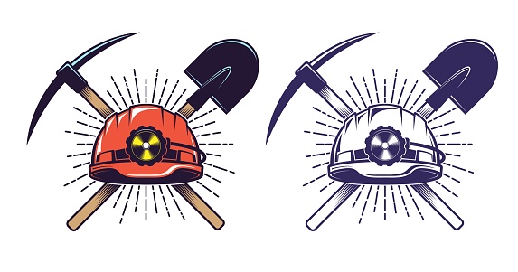 Mining logo with helmet pick and shovel in retro vintage style. Miner hardhat and tools.