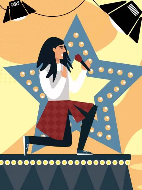 Vector illustration of Talent Show Participant with Microphone on Stage