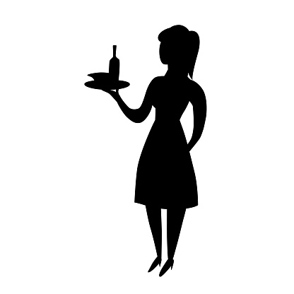 Black silhouette of waitress. Character illustration isolated on white. Cartoon people vector flat illustration.