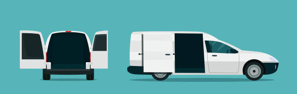 Compact cargo van set. Ð¡argo van with side and back view. Car with open tailgate. Vector flat style illustration. Compact cargo van set. Ð¡argo van with side and back view. Car with open tailgate. Vector flat style illustration. truck trucking car van stock illustrations