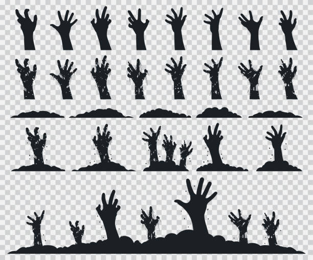 ilustraciones, imágenes clip art, dibujos animados e iconos de stock de zombie manos iconos vectoriales de silueta negro establecido aislado sobre un fondo transparente. - zombie halloween cemetery human hand
