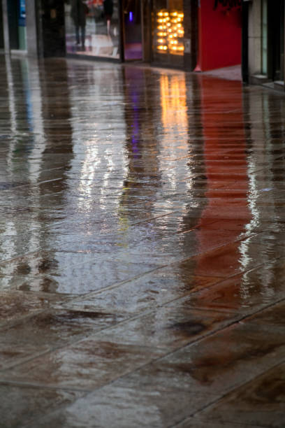 istock Wet street paving stone floor, facades reflections. 1172156906
